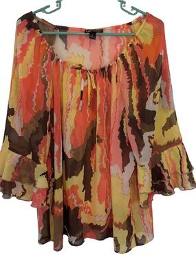 3/$20 I.N. Studio Sheer Multi-Color Peasant Tunic in Coral, Yellow & Brown